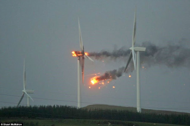 Huge wind turbine erupts in flames as 165mph winds strike Scotland